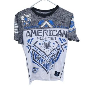 American Fighter Mens Small Graphic T-Shirt White Grey Blue Training Division T